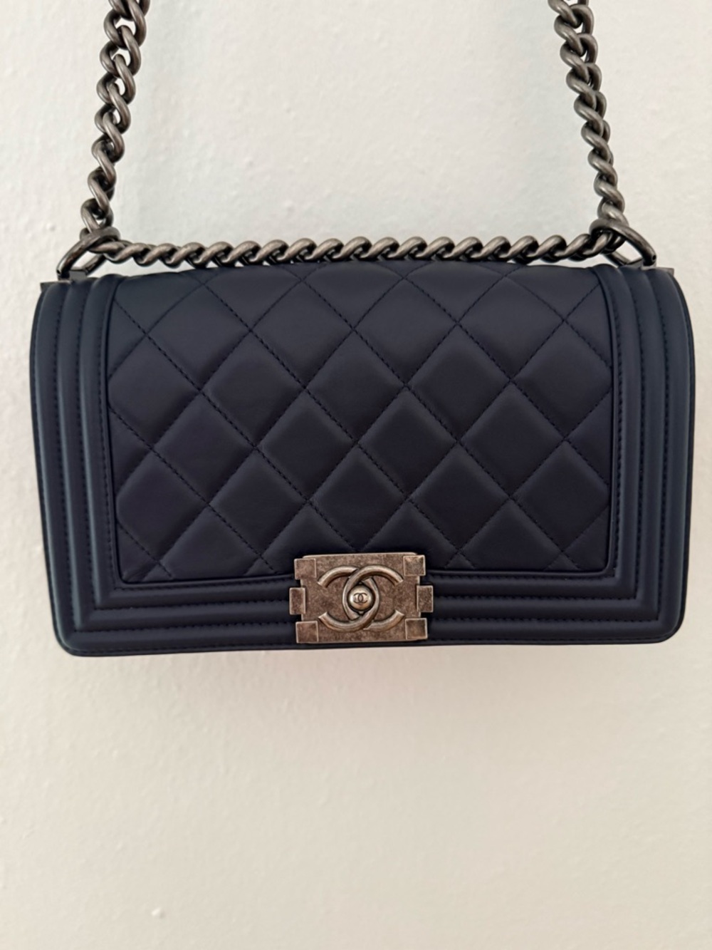 CHANEL Navy Quilted Boy Flap Bag with Aged Silver Hardware